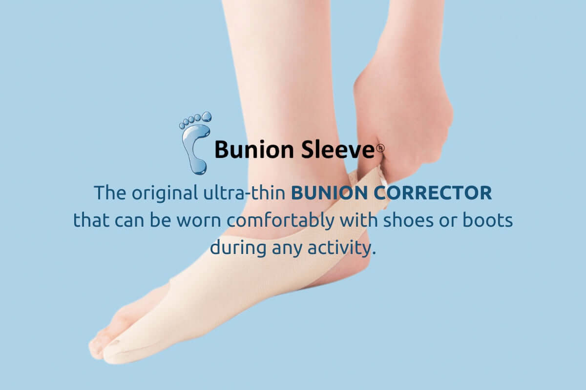 A woman showing bunion sleeve's unique heel strap
